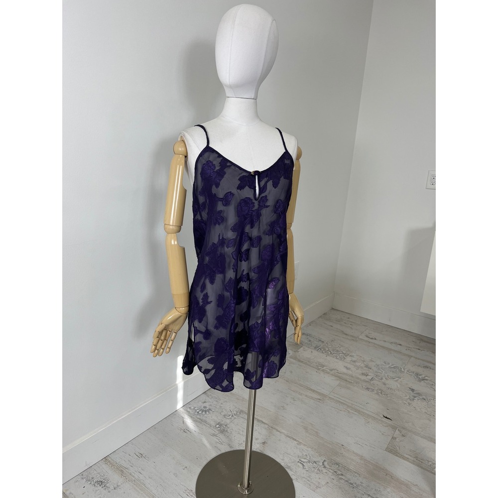 Vintage California Miss Purple Sheer Floral Rosette Chemise Nightgown Medium